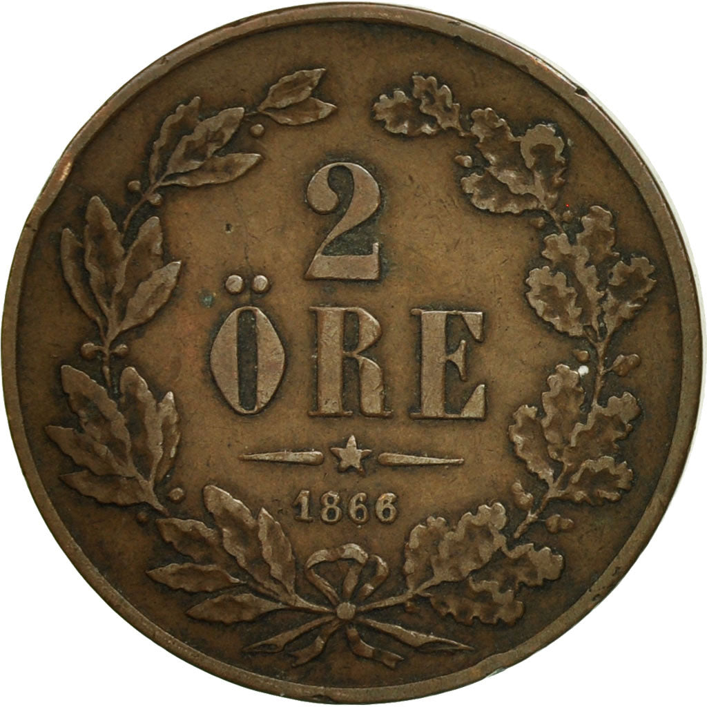 Sweden, Carl XV Adolf, 2 Öre, 1866, VF(30-35), Bronze, KM:706