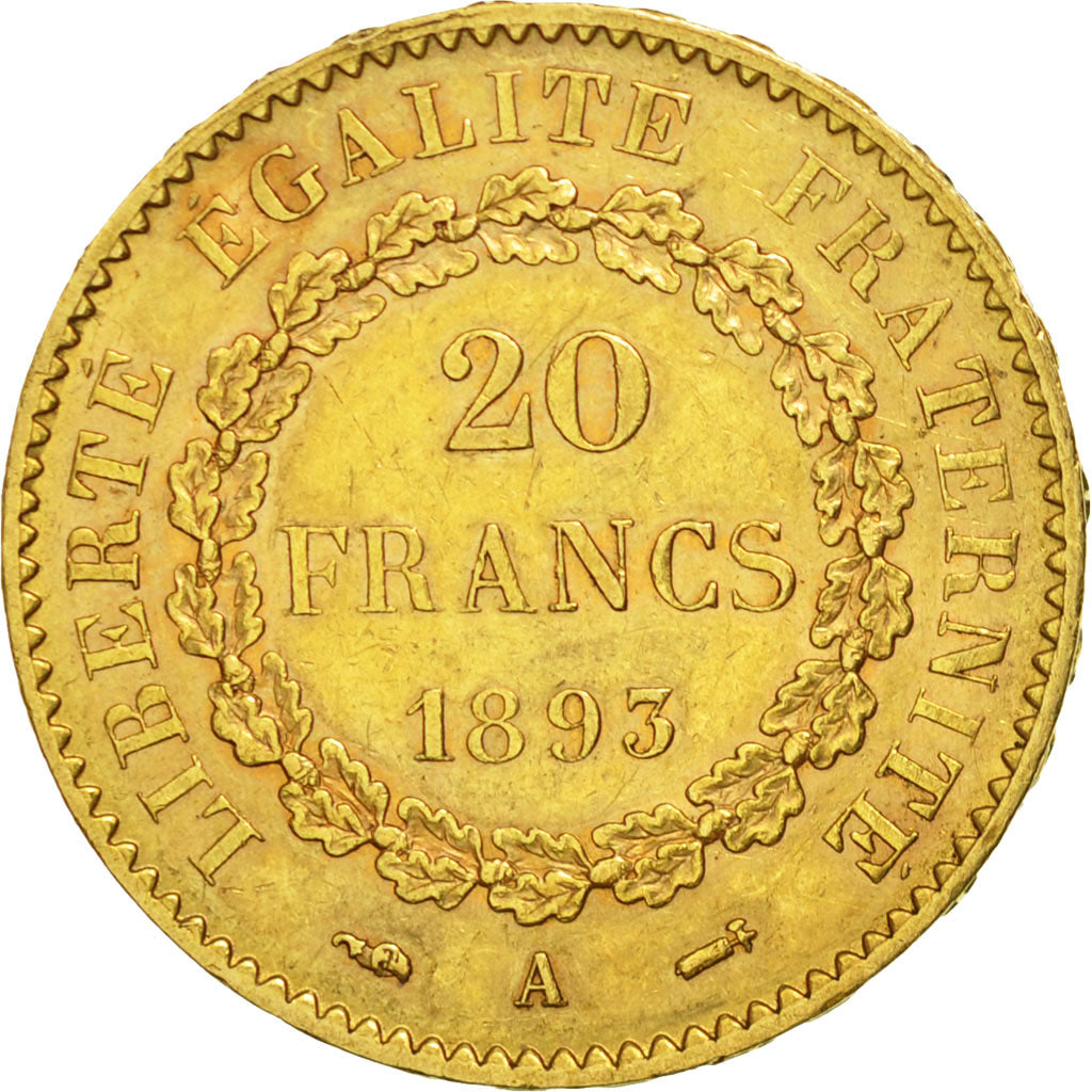 France, Génie, 20 Francs, 1893, Paris, AU(55-58), Gold, KM:825, Gadoury:1063