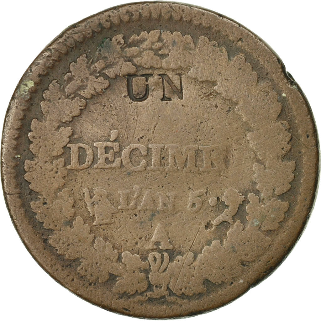 Moneta, Francia, Dupré, Decime, 1796, Paris, B+, Bronzo, KM:637.1, Gadoury:186