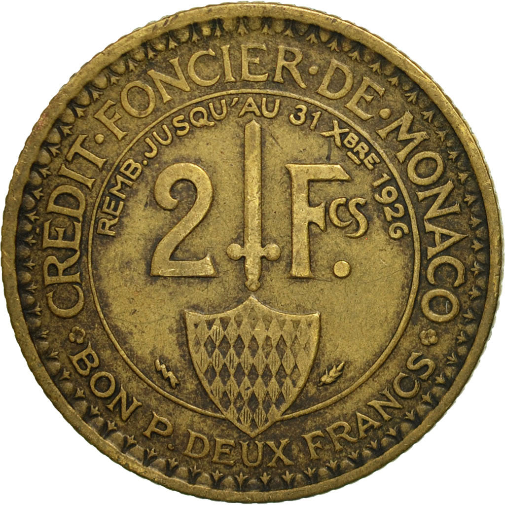 Monaco, Louis II, 2 Francs, 1924, Poissy, EF(40-45), Aluminum-Bronze, KM:115