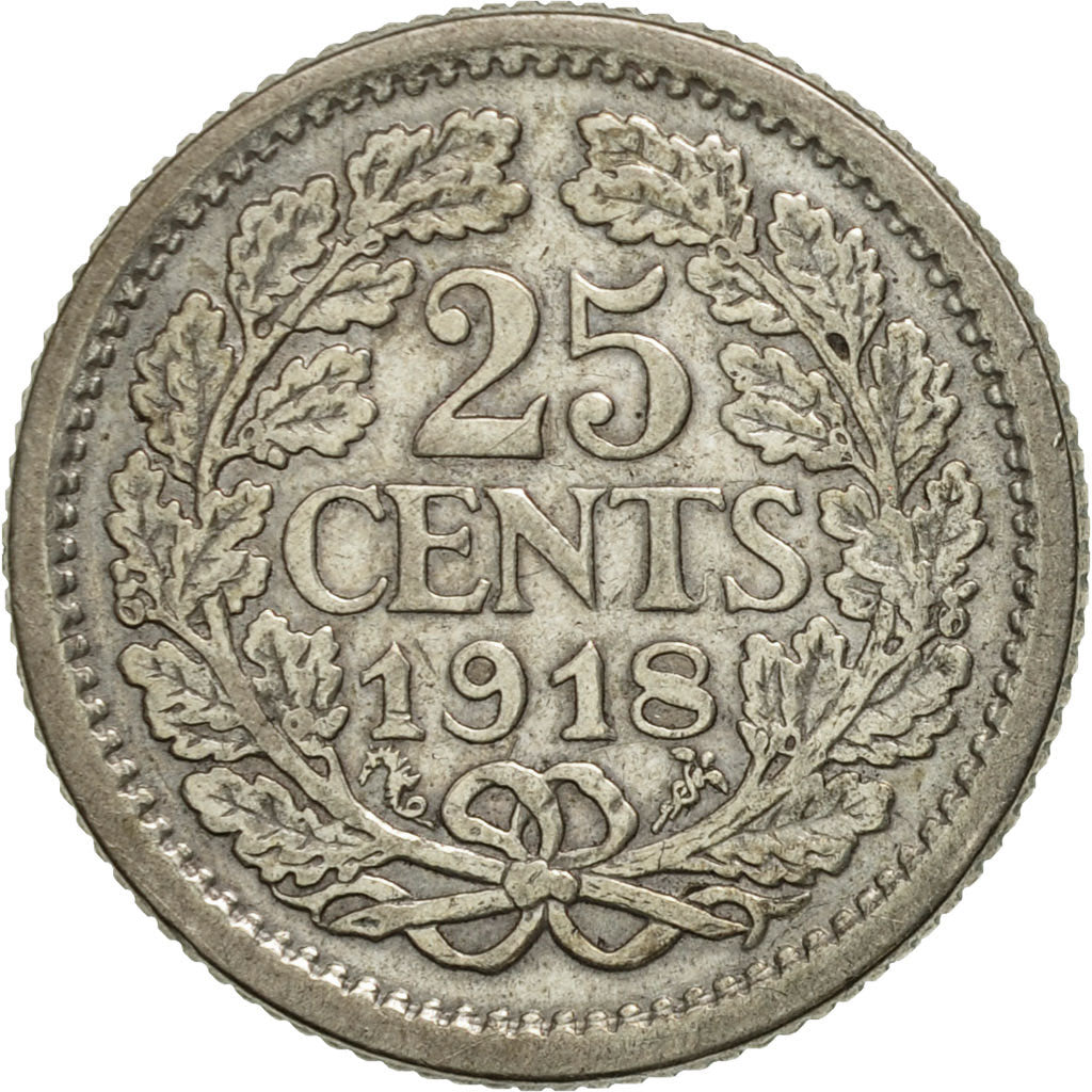 Coin, Netherlands, Wilhelmina I, 25 Cents, 1918, EF(40-45), Silver, KM:146