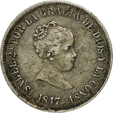 España, Isabel II, 2 Réales, 1847, Seville, MBC+, Plata, KM:526.1