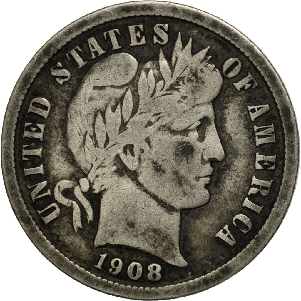 États-Unis, Barber Dime, Dime, 1908, U.S. Mint, Philadelphia, TB+, Argent,KM 113