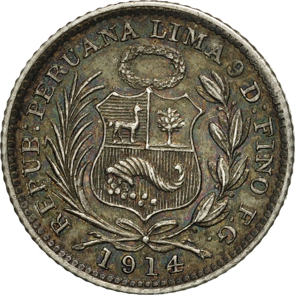 Peru, 1/2 Dinero, 1914, Lima, AU(55-58), Silver, KM:206.2