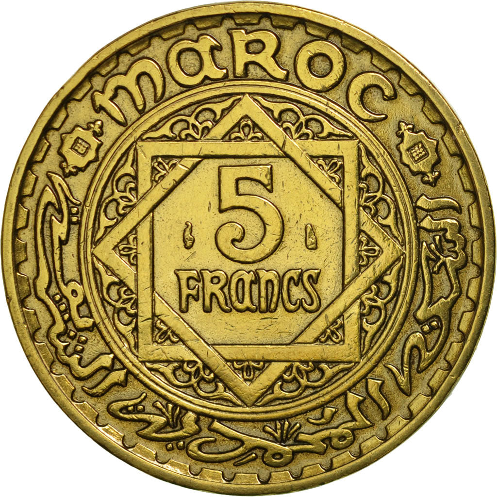 Coin, Morocco, Mohammed V, 5 Francs, 1945, Paris, AU(55-58), Aluminum-Bronze