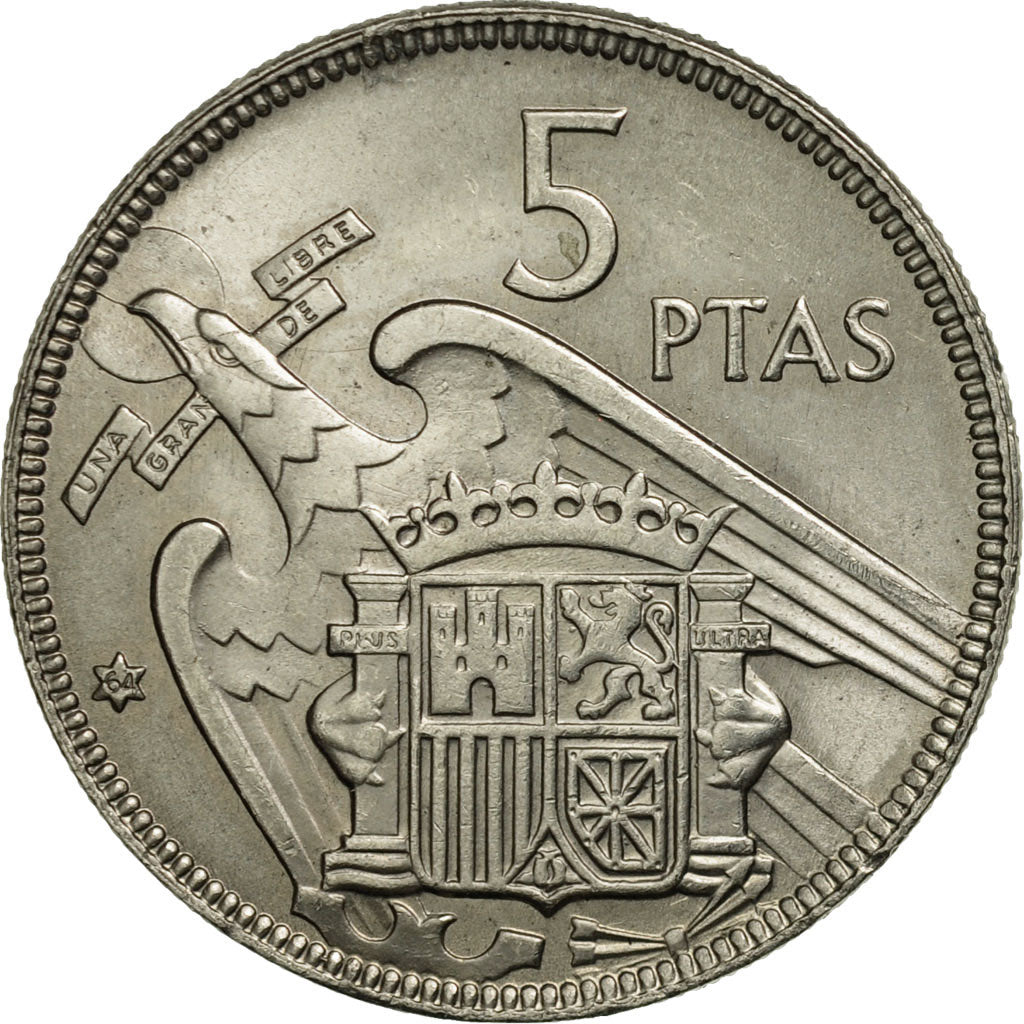 Spain, Caudillo and regent, 5 Pesetas, 1964, MS(60-62), Copper-nickel, KM:786