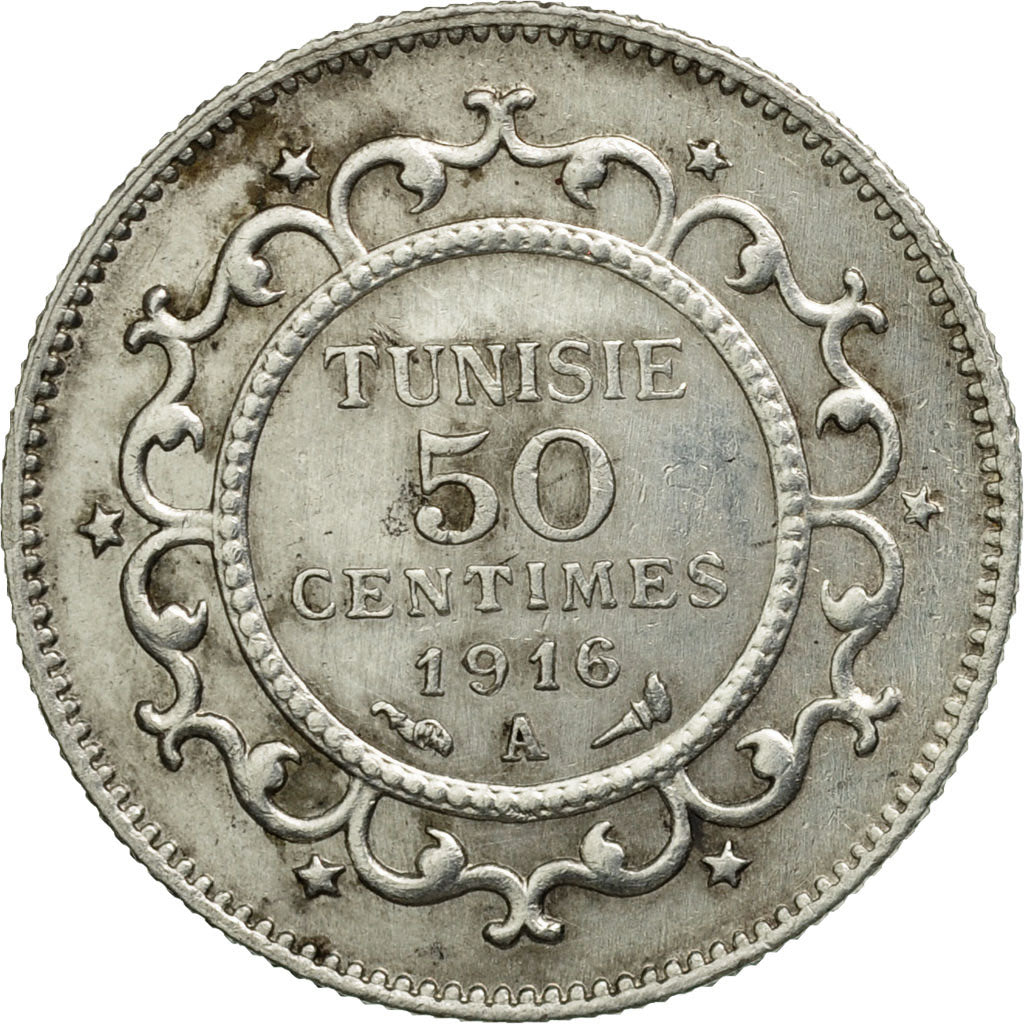 Monnaie, Tunisie, Muhammad al-Nasir Bey, 50 Centimes, 1916, Paris, SUP, Argent
