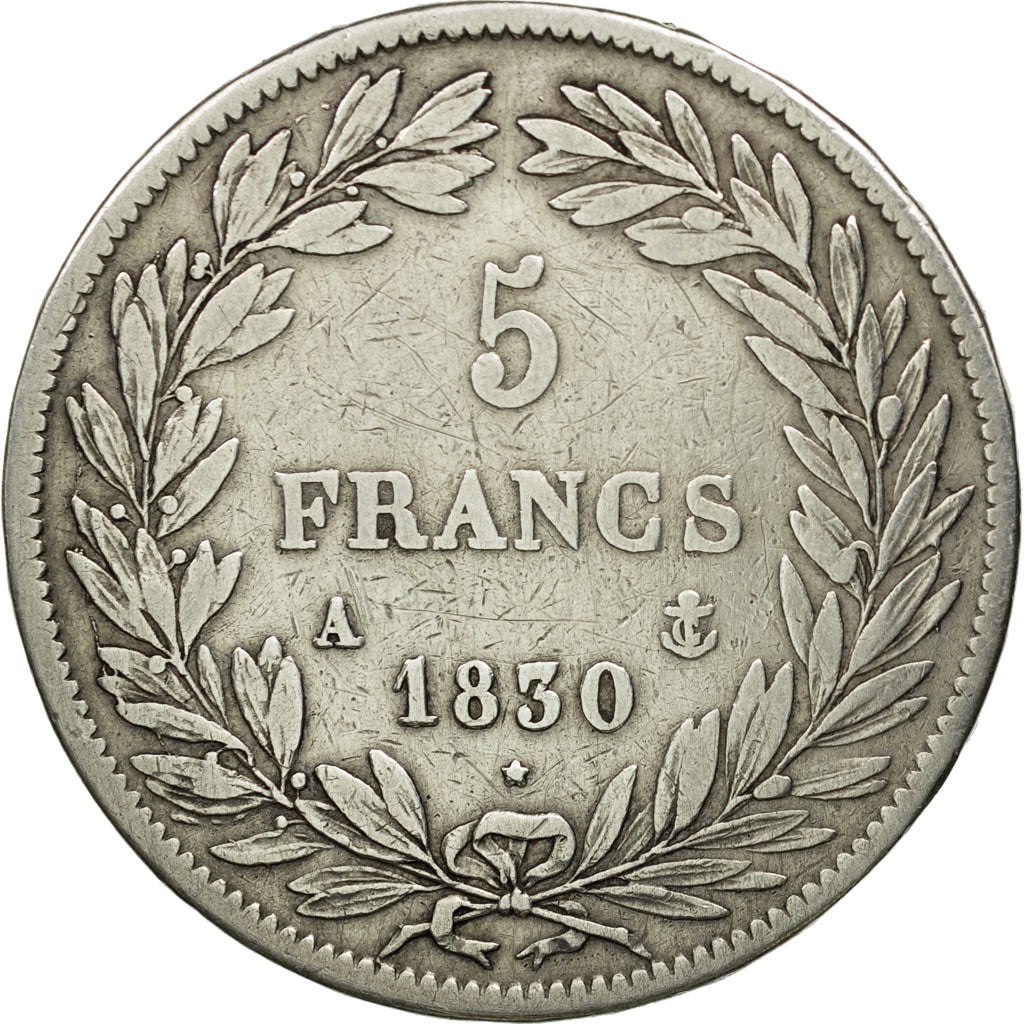 Moneda, Francia, Louis-Philippe, 5 Francs, 1830, Paris, BC+, Plata, KM:736.1