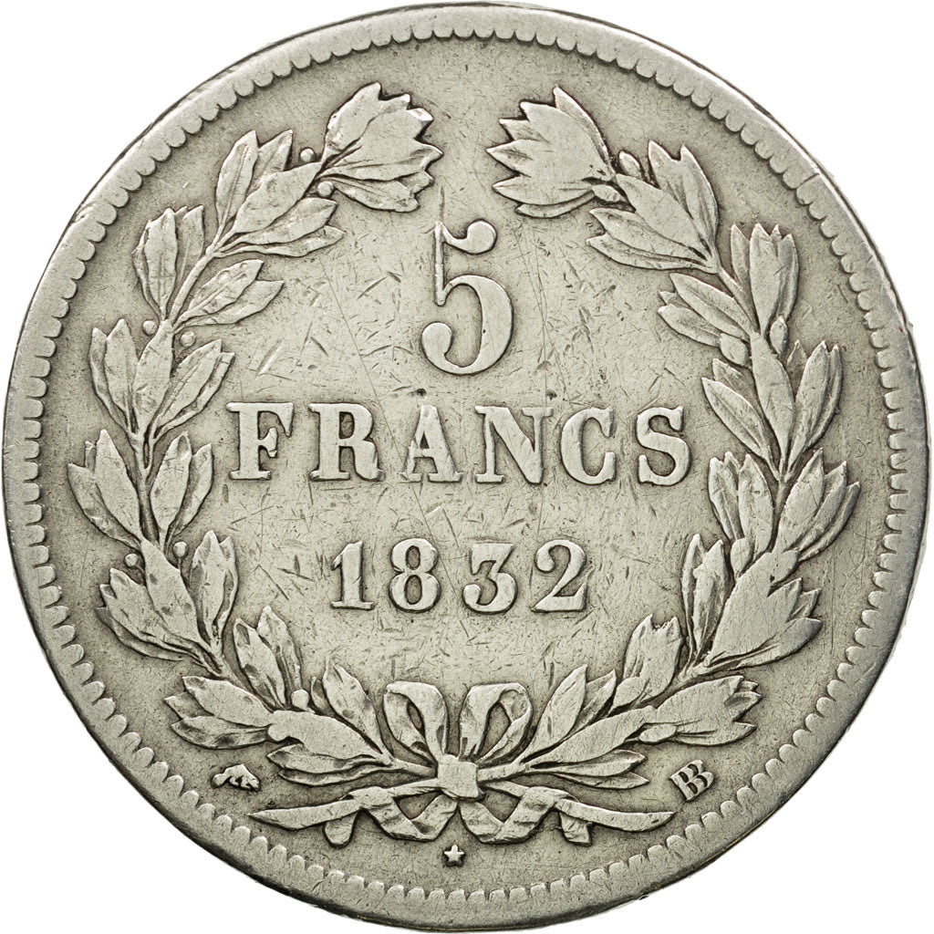 Moneda, Francia, Louis-Philippe, 5 Francs, 1832, Strasbourg, BC+, Plata