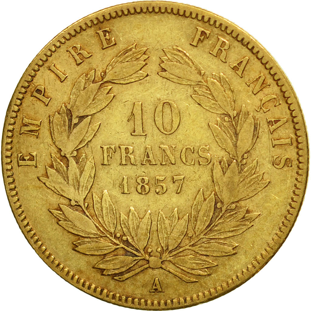 Francia, Napoleon III, 10 Francs, 1857, Paris, BC+, Oro, KM 784.3