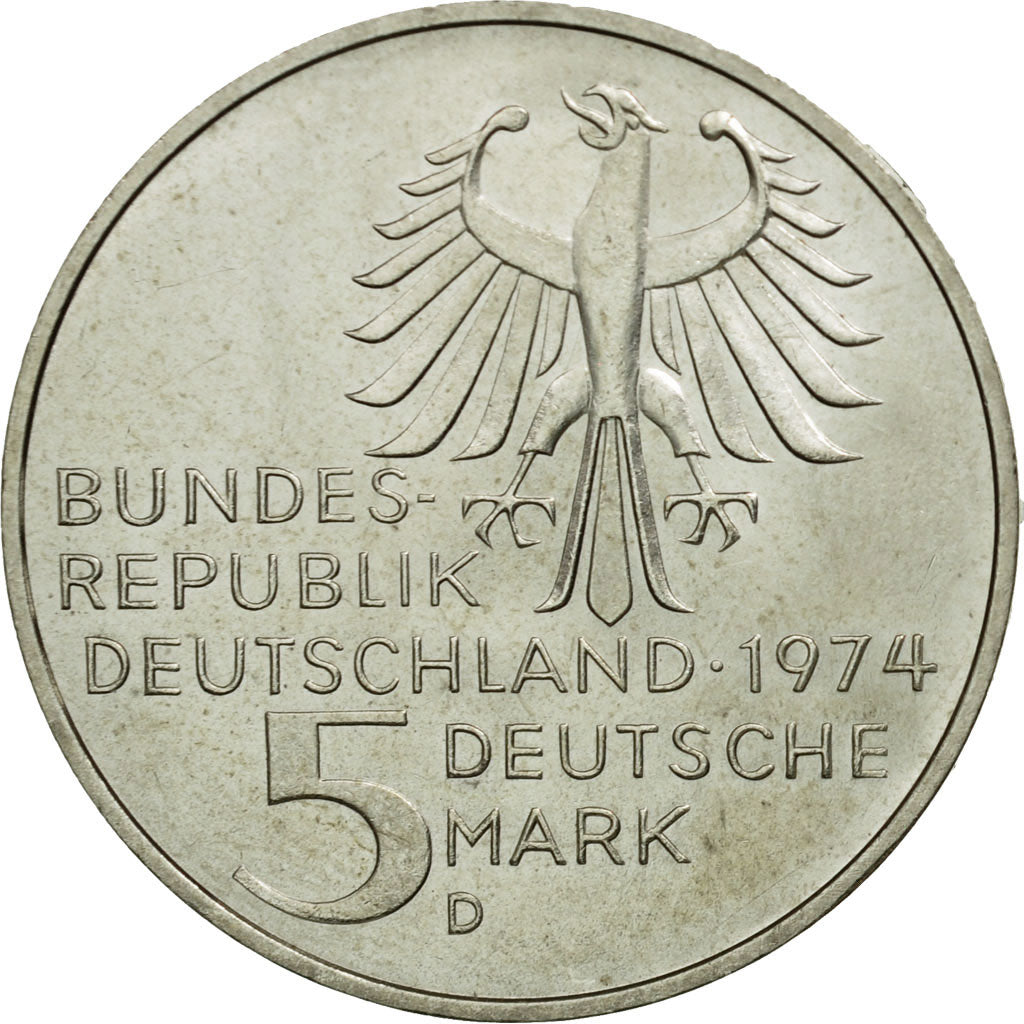 GERMANY - FEDERAL REPUBLIC, 5 Mark, 1974, Munich, MS(63), Silver, KM 139