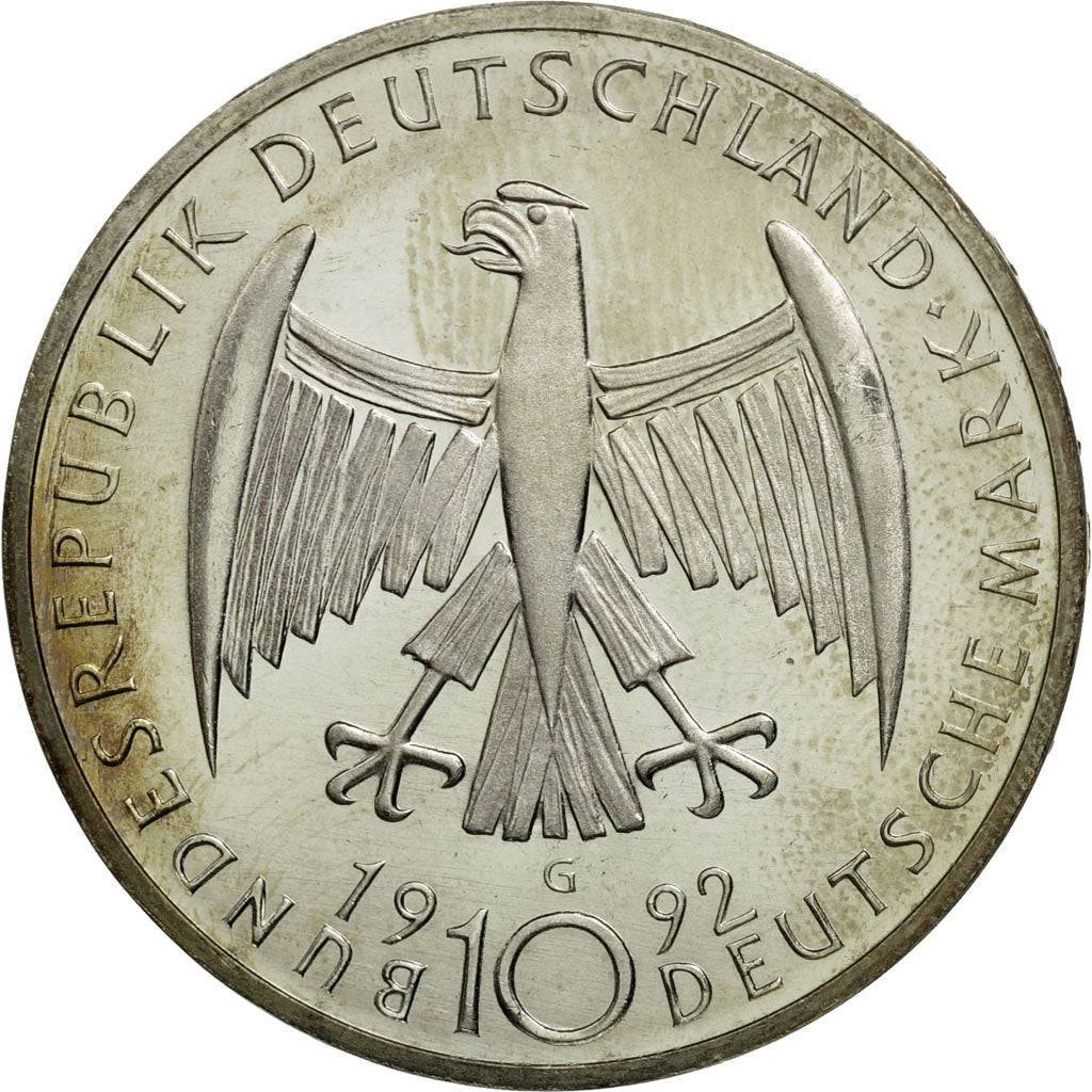 Moneta, Niemcy - RFN, 10 Mark, 1992, Karlsruhe, Germany, MS(63), Srebro, KM:178