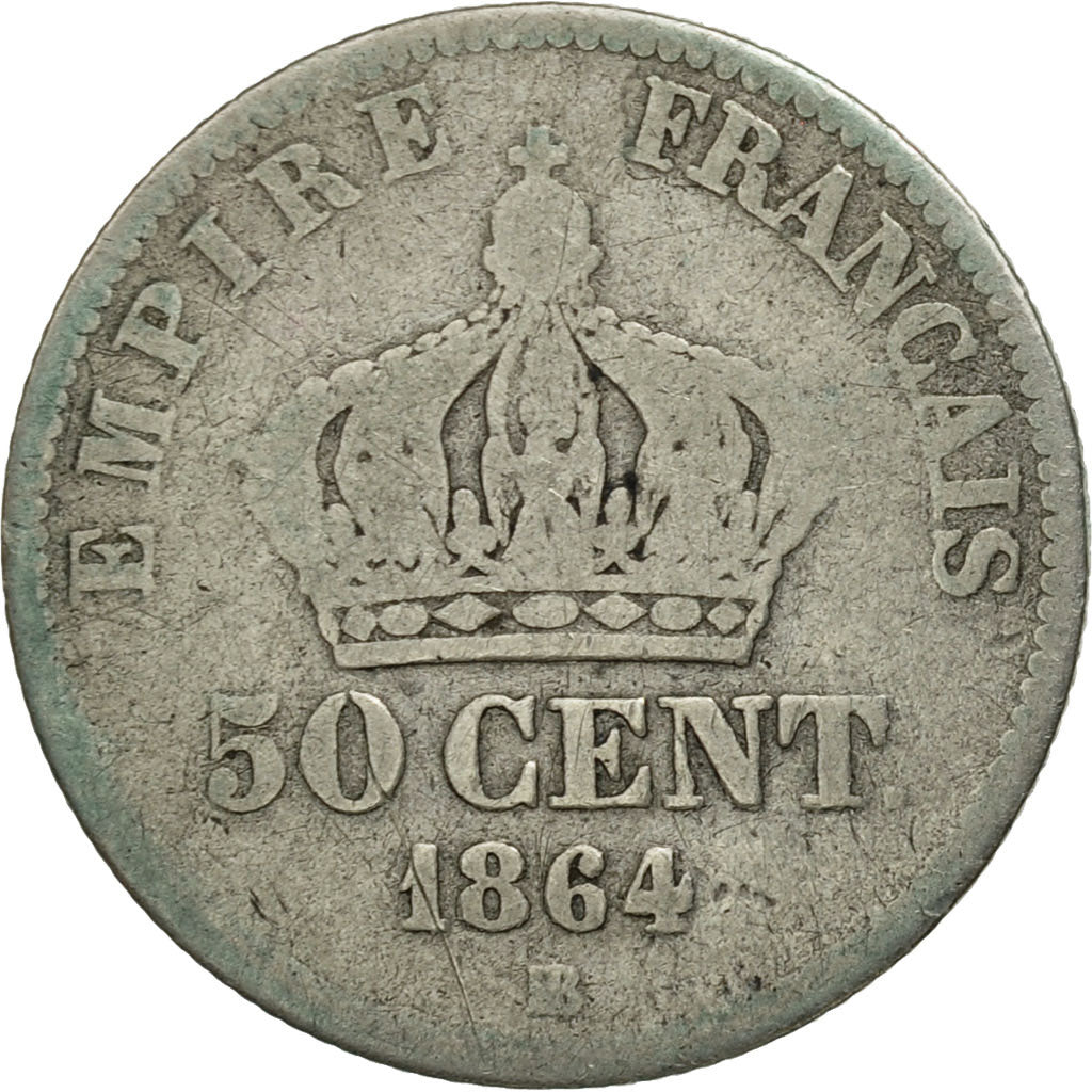 France, Napoleon III, 50 Centimes, 1864, Strasbourg, VG(8-10), KM 814.2