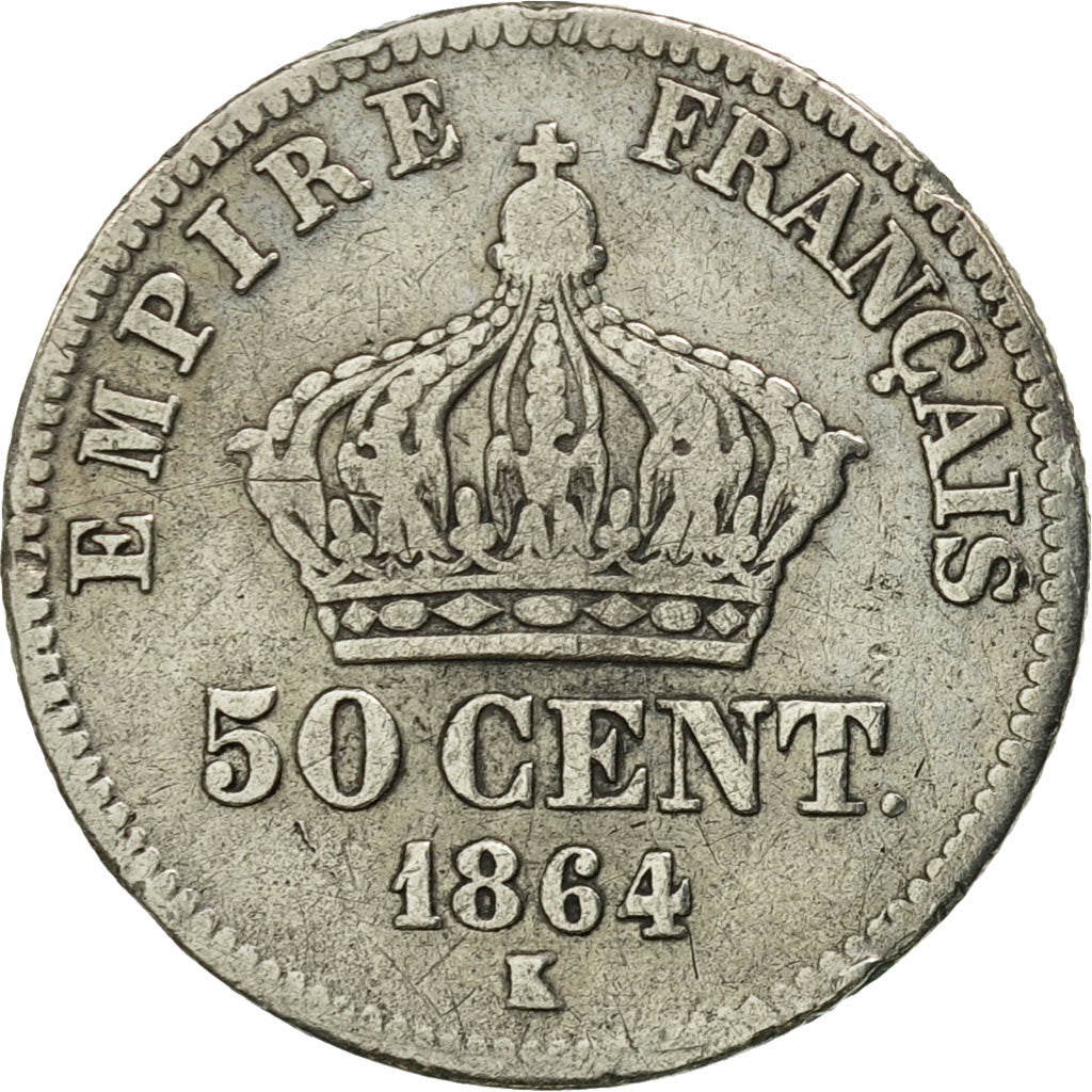France, Napoleon III, 50 Centimes, 1864, Bordeaux, VF(20-25), KM 814.3