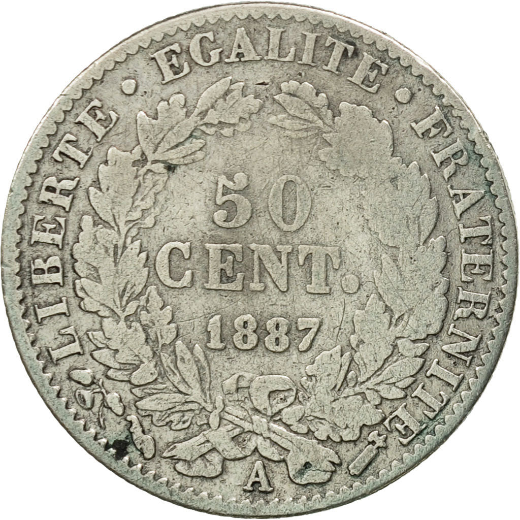 France, Cérès, 50 Centimes, 1887, Paris, B+, Argent, KM:834.1, Gadoury:419a