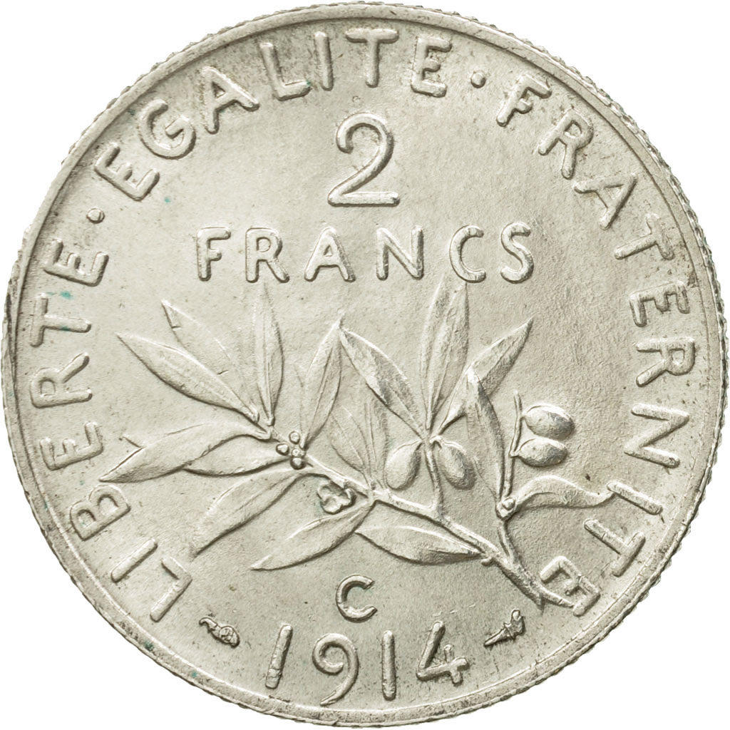 France, Semeuse, 2 Francs, 1914, Castelsarrasin, AU(55-58), Silver, KM:845.2
