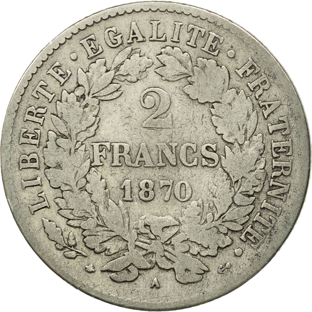 Coin, France, Cérès, 2 Francs, 1870, Paris, VF(30-35), Silver, KM:817.1