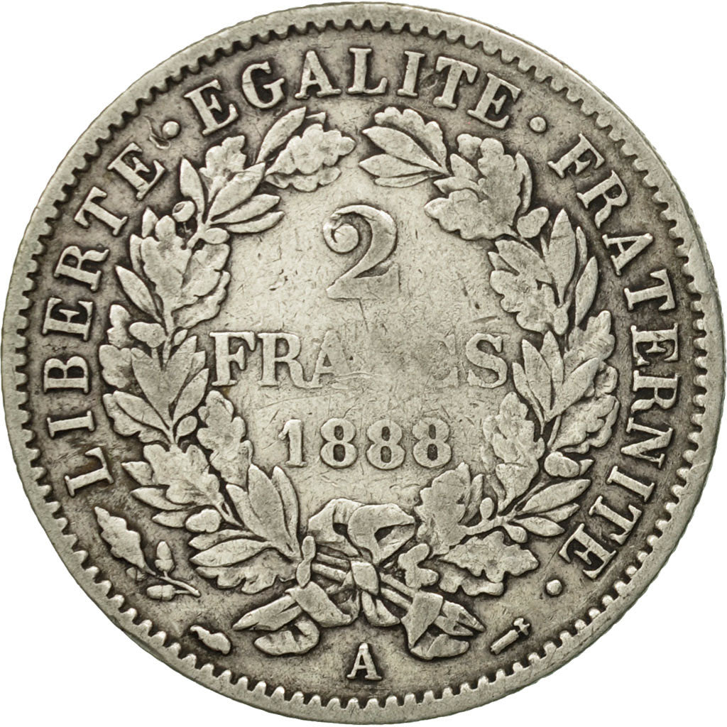 Moneta, Francia, Cérès, 2 Francs, 1888, Paris, MB+, Argento, KM:817.1