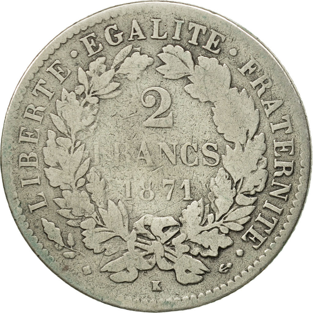 Coin, France, Cérès, 2 Francs, 1871, Bordeaux, F(12-15), Silver, KM:817.2