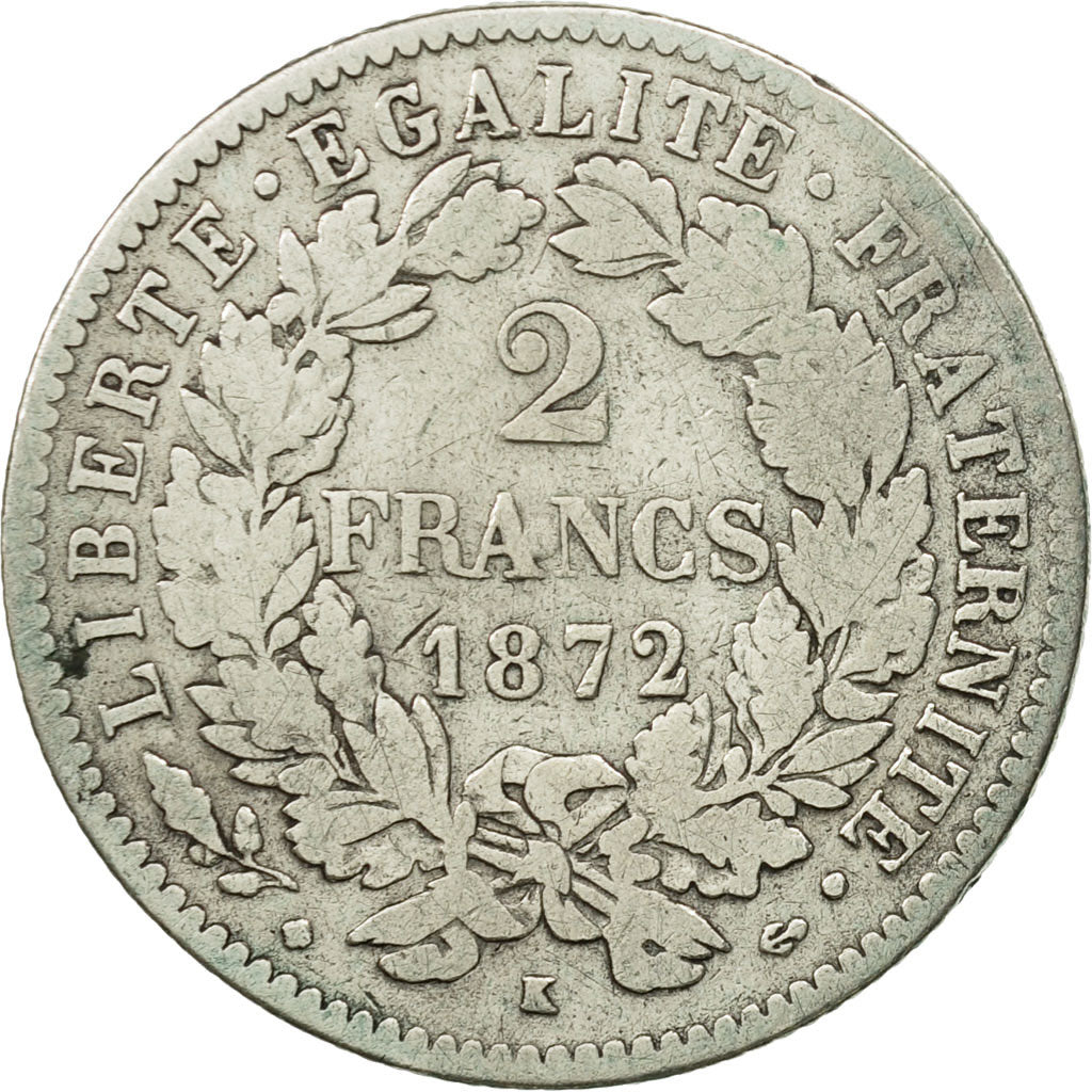 Coin, France, Cérès, 2 Francs, 1872, Bordeaux, VF(20-25), Silver, KM:817.2