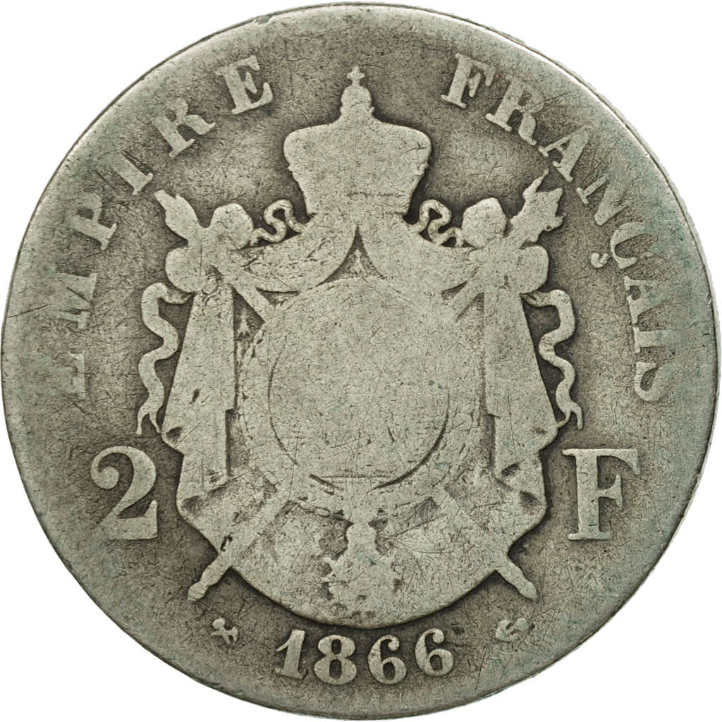Moneda, Francia, Napoleon III, Napoléon III, 2 Francs, 1866, Bordeaux, BC