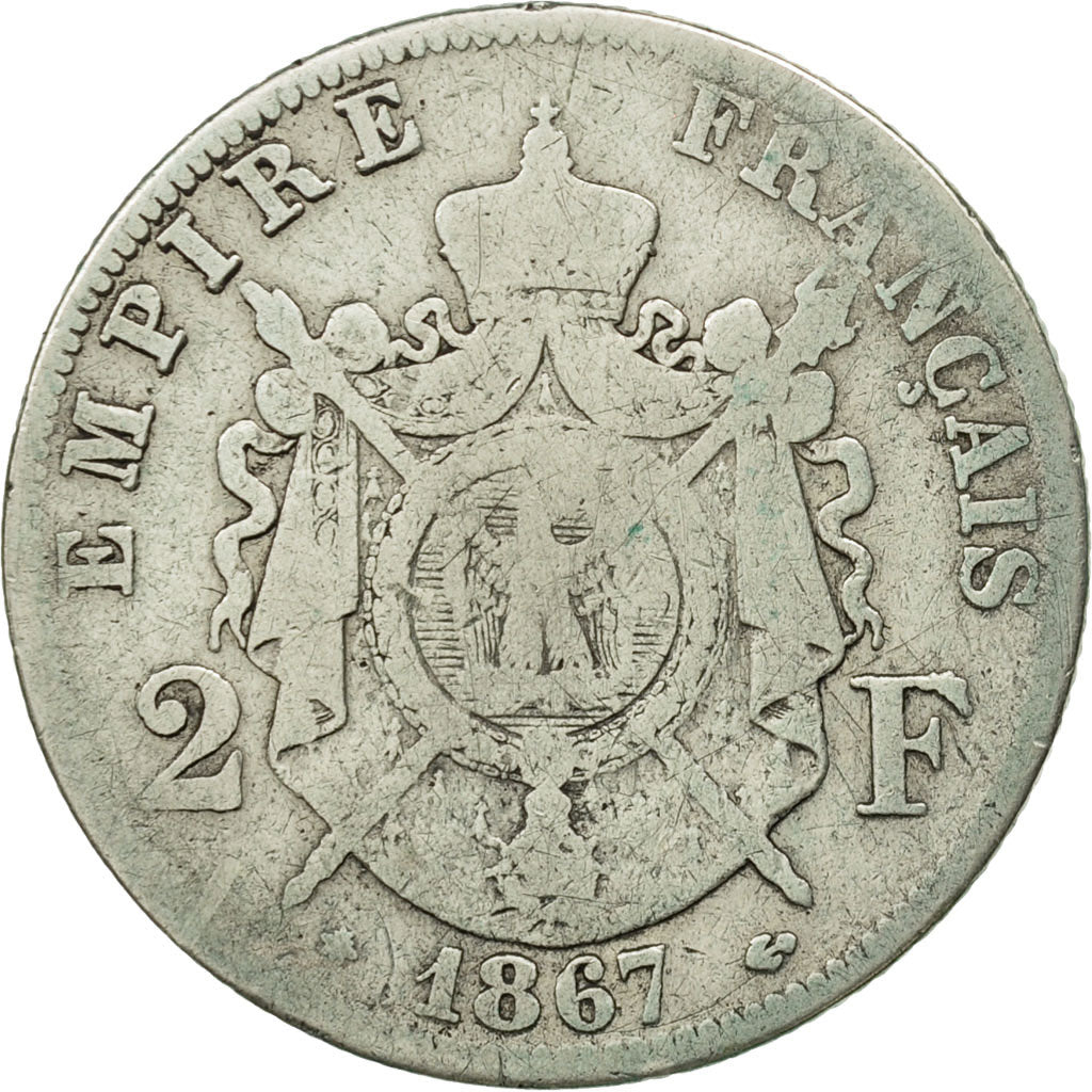 France, Napoleon III, 2 Francs, 1867, Paris, F(12-15), Silver, KM 807.1