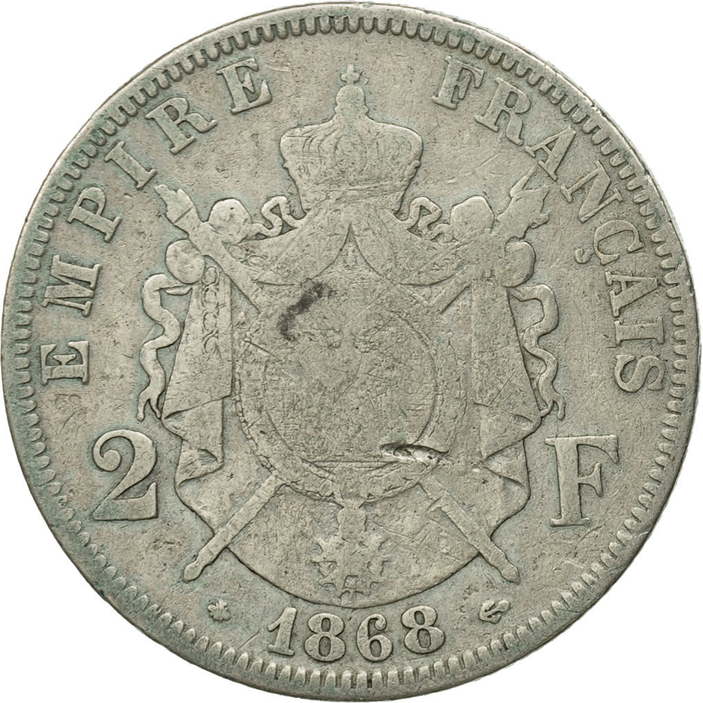 Francia, Napoleon III, 2 Francs, 1868, Paris, BC, Plata, KM 807.1