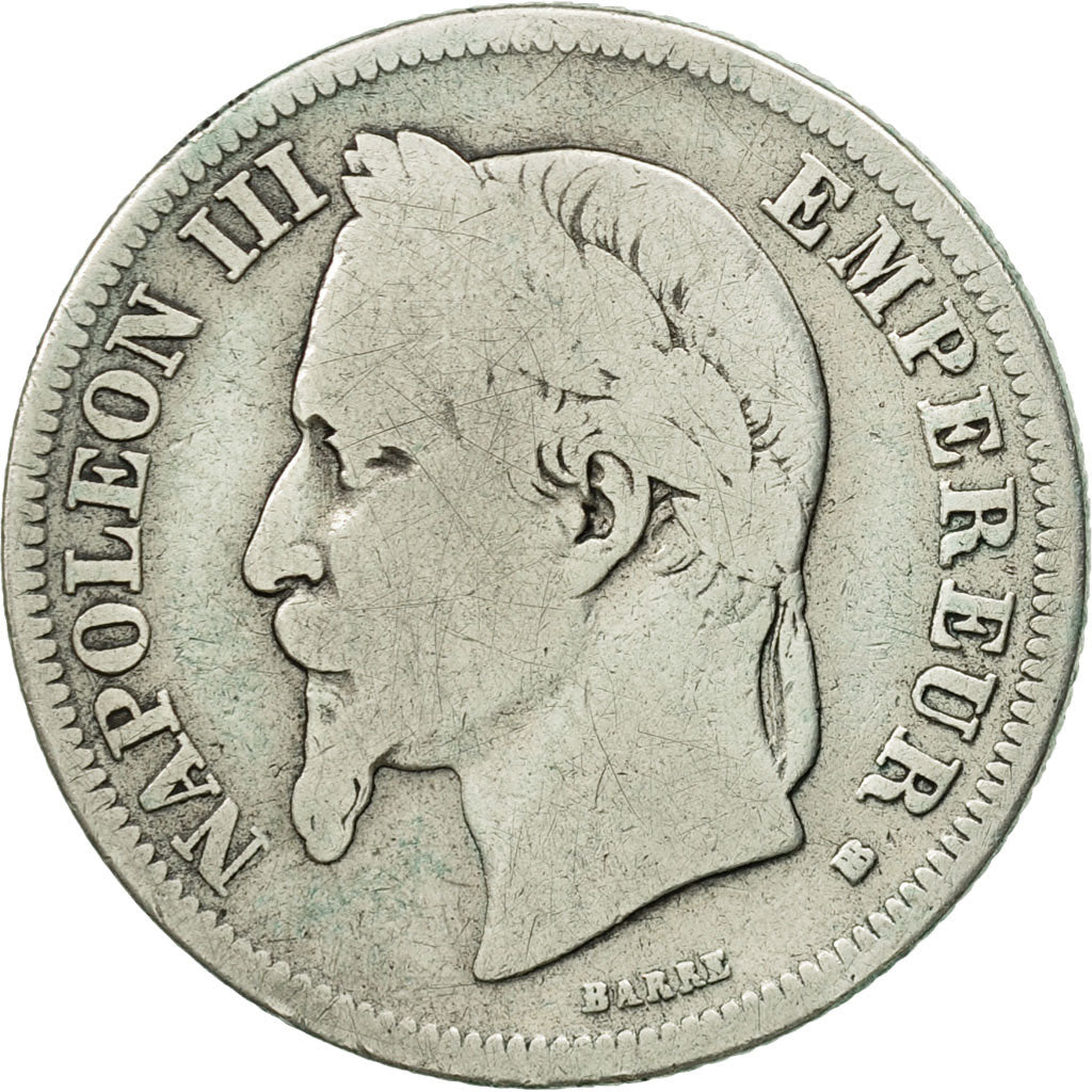 France, Napoleon III, 2 Francs, 1867, Strasbourg, VG(8-10), KM 807.2