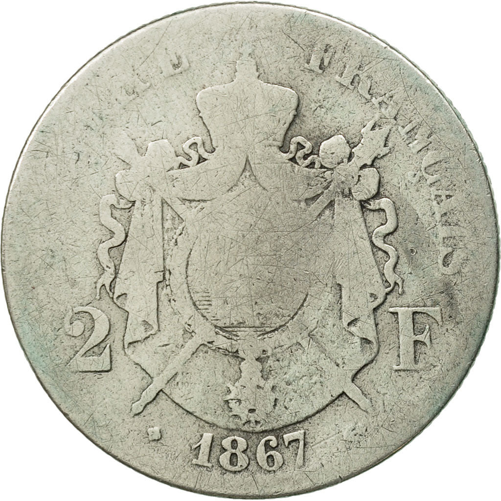 France, Napoleon III, 2 Francs, 1867, Strasbourg, VG(8-10), KM 807.2
