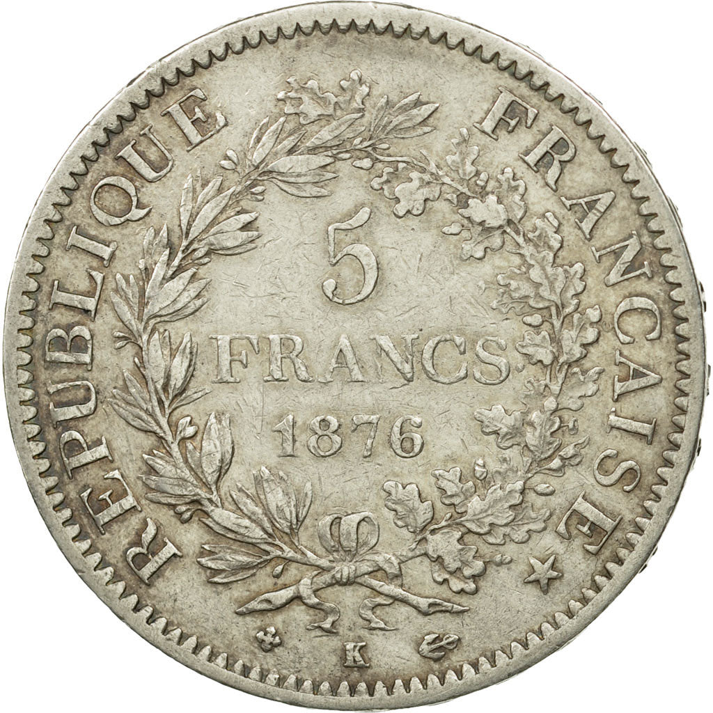 Moneda, Francia, Hercule, 5 Francs, 1876, Bordeaux, MBC+, Plata, KM:820.2