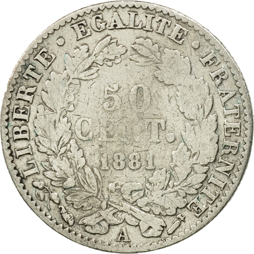France, Cérès, 50 Centimes, 1881, Paris, F(12-15), Silver, KM:834.1