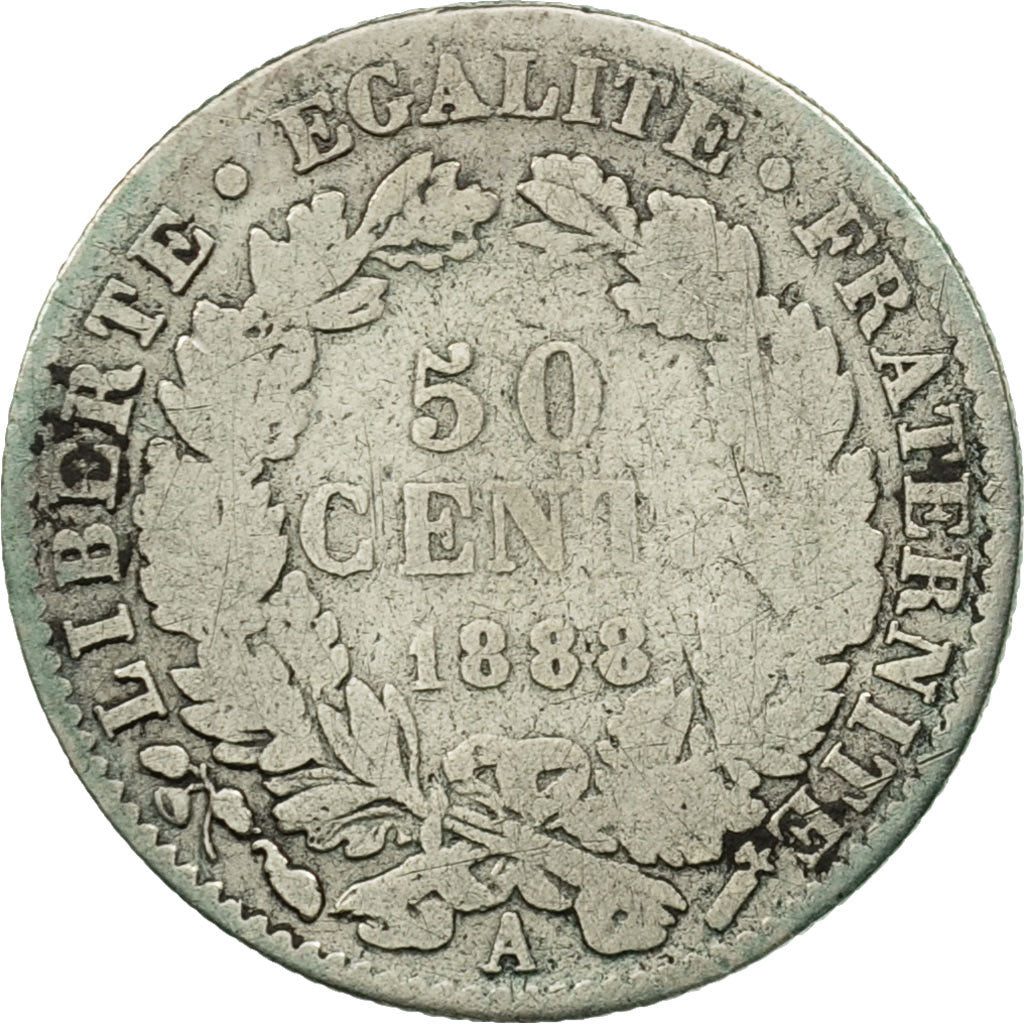 France, Cérès, 50 Centimes, 1888, Paris, VG(8-10), Silver, KM:834.1