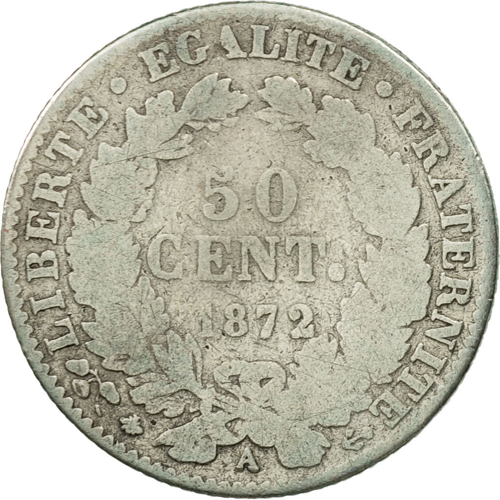 Monnaie, France, Cérès, 50 Centimes, 1872, Paris, B, Argent, KM:834.1