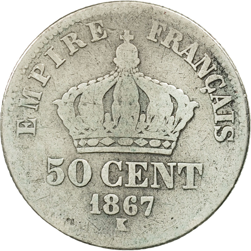 France, Napoleon III, 50 Centimes, 1867, Bordeaux, VG(8-10), KM 814.3