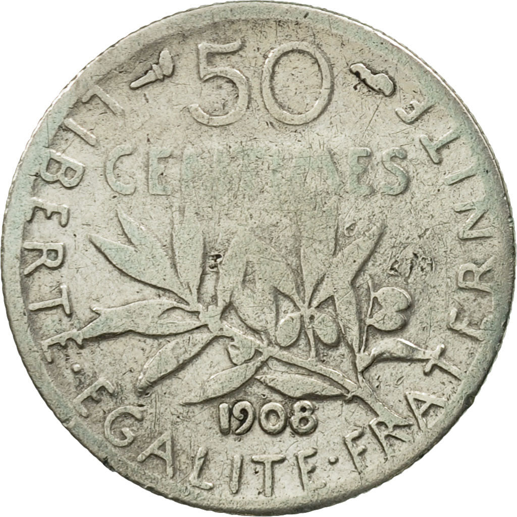 Coin, France, Semeuse, 50 Centimes, 1908, Paris, VF(20-25), Silver, KM:854