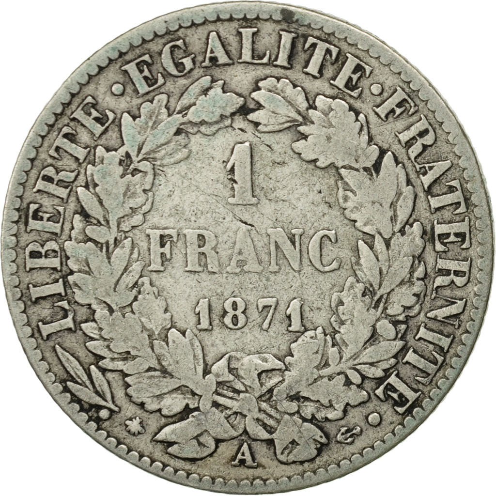 Coin, France, Cérès, Franc, 1871, Paris, VF(20-25), Silver, KM:822.1
