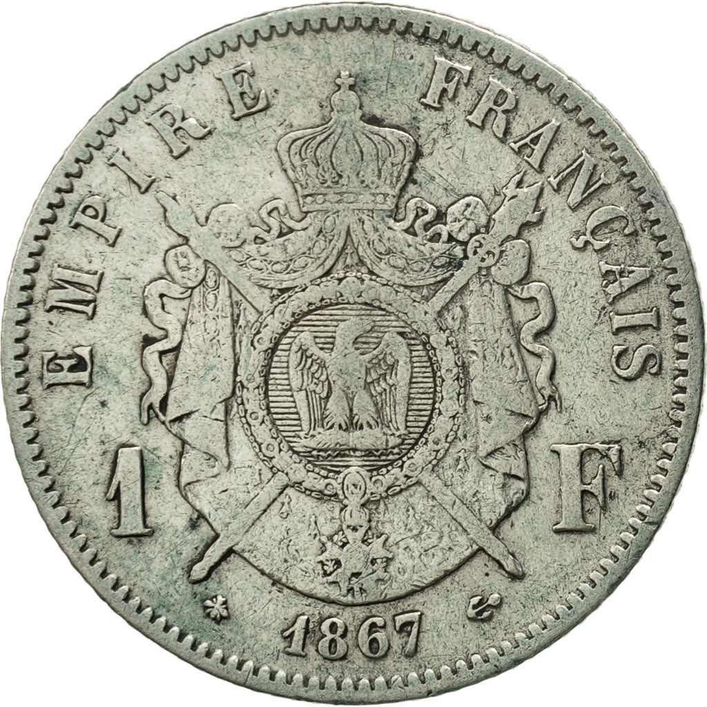 France, Napoleon III, Franc, 1867, Paris, VF(20-25), Silver,KM 806.1