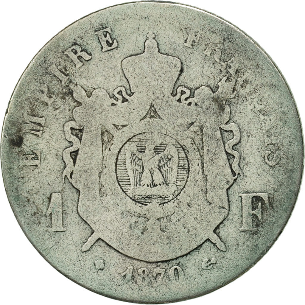 France, Napoleon III, Franc, 1870, Strasbourg, B+, Argent, KM 806.2, Gad 463
