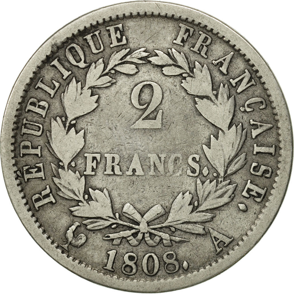 Moneda, Francia, Napoléon I, 2 Francs, 1808, Paris, BC+, Plata, KM:684.1
