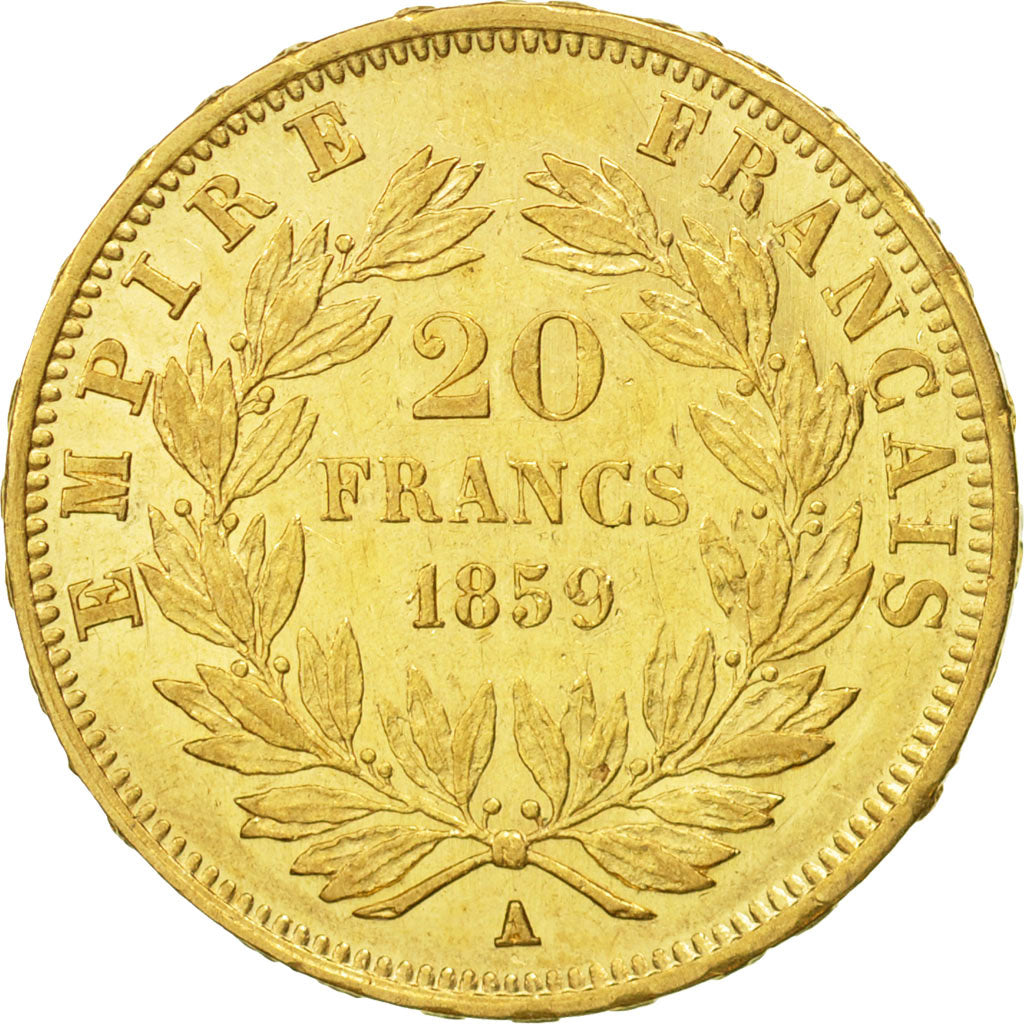 Moneda, Francia, Napoleon III, Napoléon III, 20 Francs, 1859, Paris, MBC+, Oro