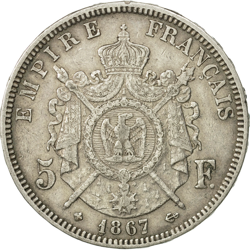 France,Napoléon III, 5 Francs, 1867, Strasbourg, TTB, Argent, KM:799.2, Gad 739