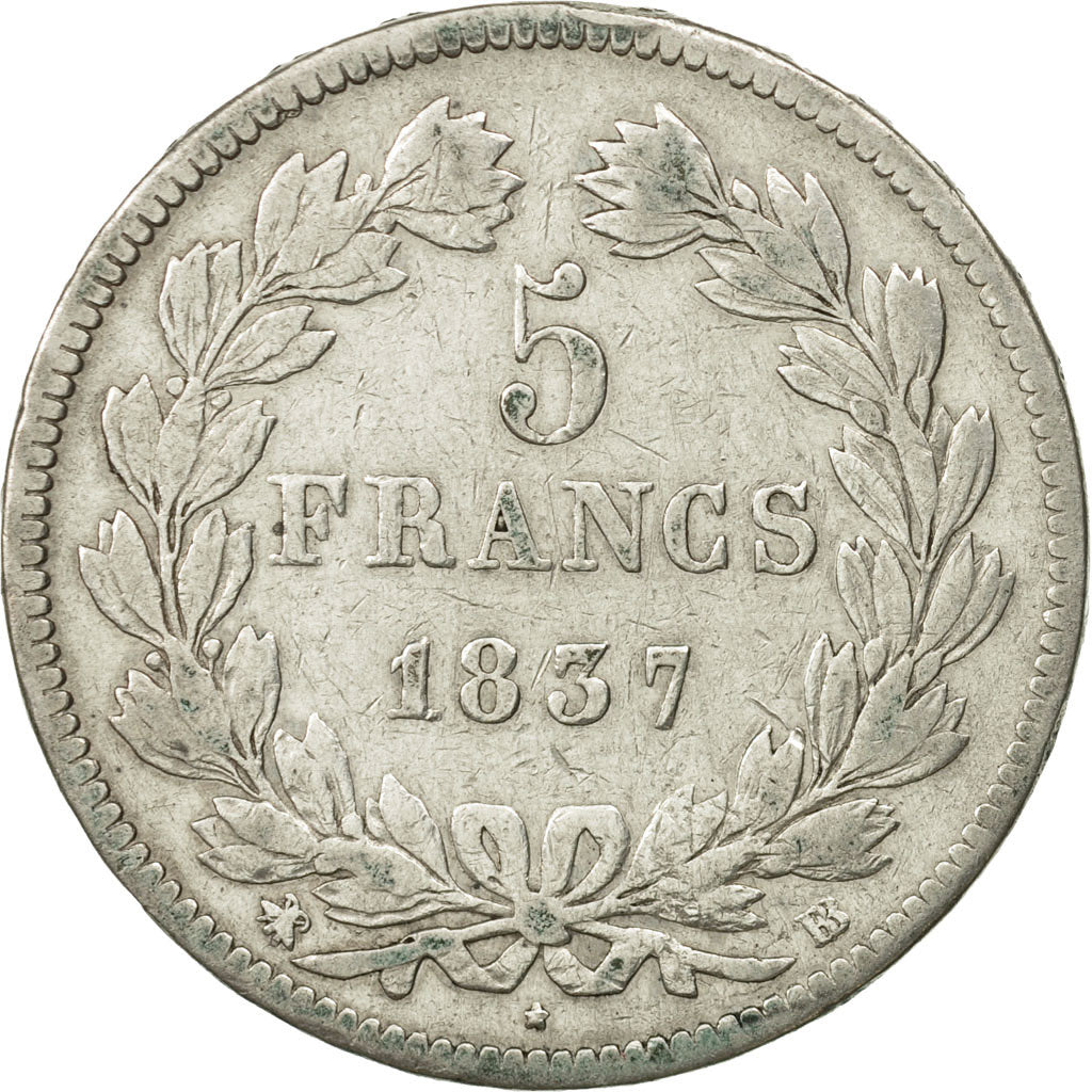 Munten, Frankrijk, Louis-Philippe, 5 Francs, 1837, Strasbourg, FR+, Zilver