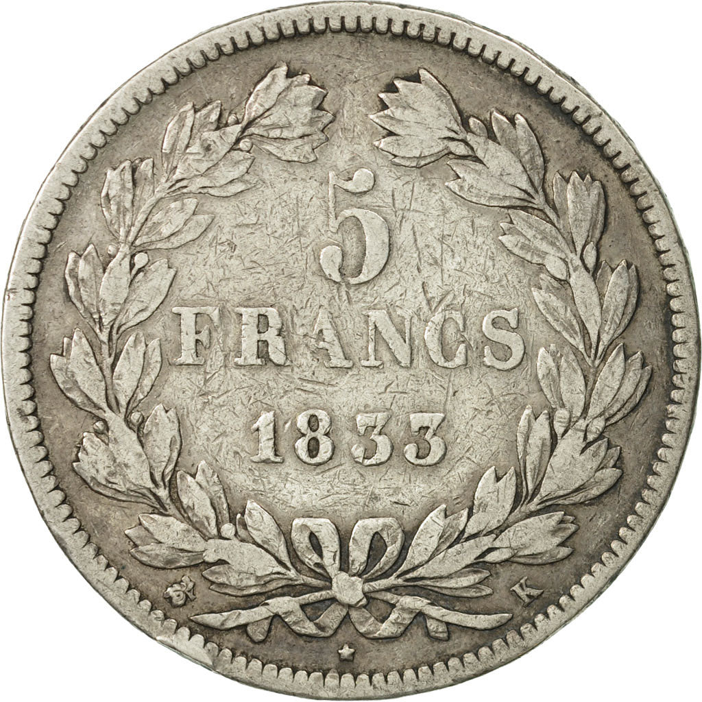 Monnaie, France, Louis-Philippe, 5 Francs, 1833, Bordeaux, TB+, Argent