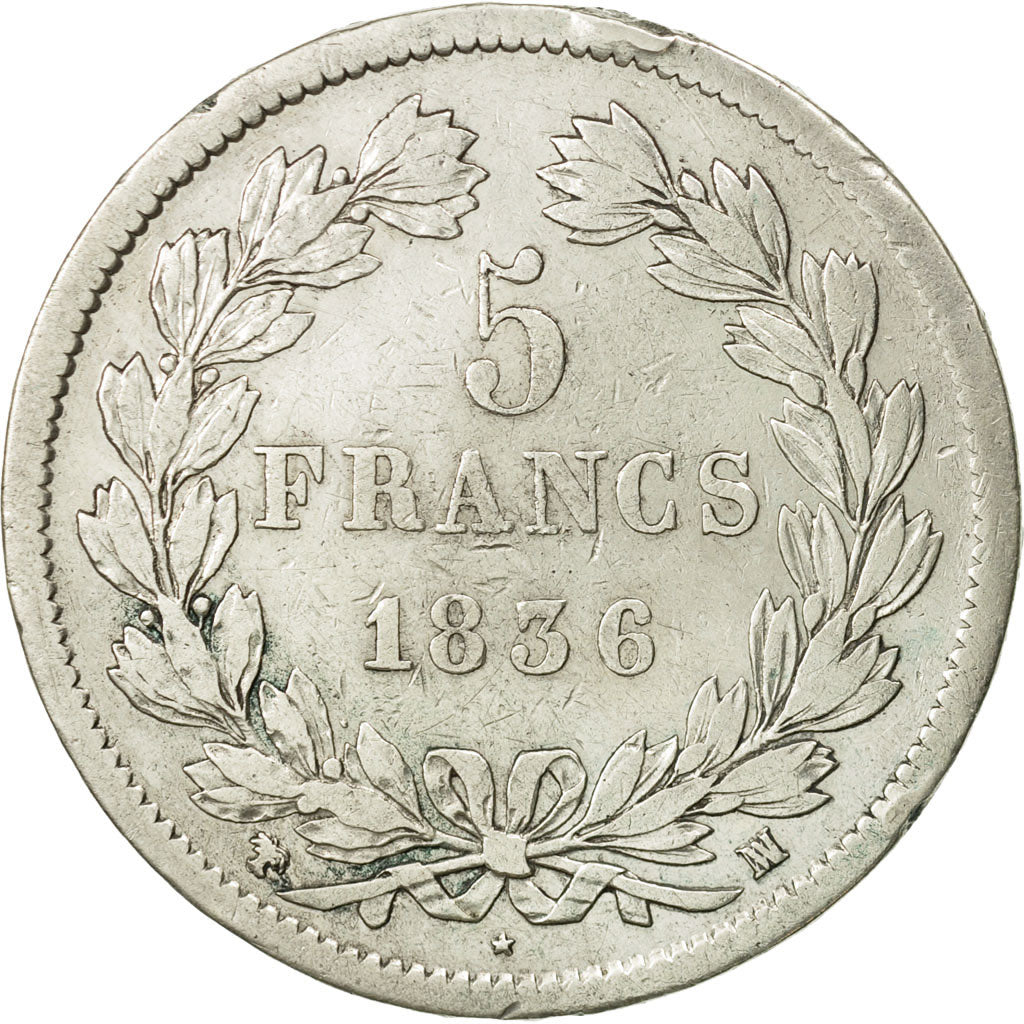 France, Louis-Philippe, 5 Francs, 1836, Marseille, VF(30-35), Silver, KM:749.10