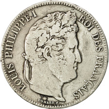 Francia, Louis-Philippe, 5 Francs, 1837, Lyon, BC+, Plata, KM:749.4, Gadoury:678