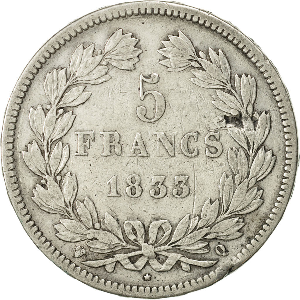 France, Louis-Philippe, 5 Francs, 1833, Perpignan, VF(20-25), Silver, KM:749.11