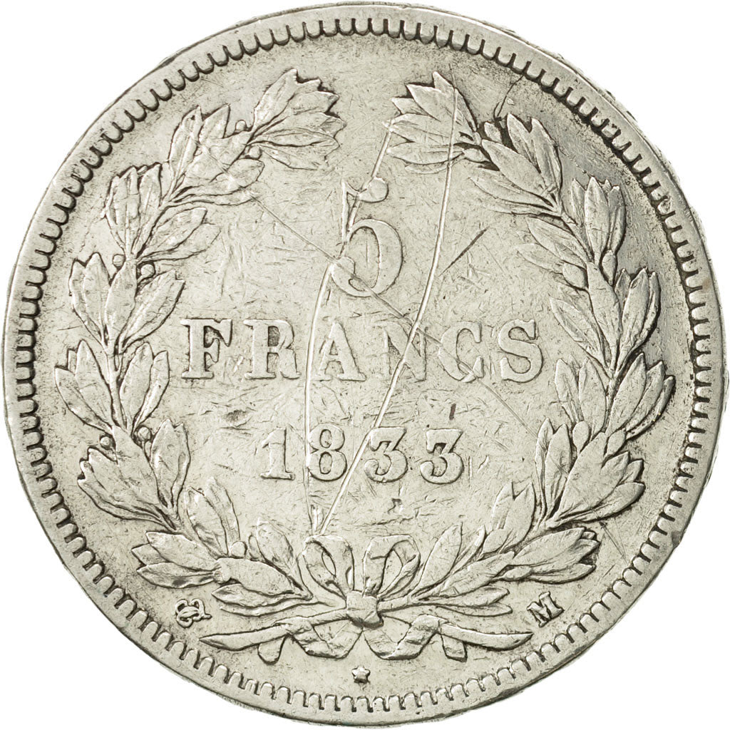 France, Louis-Philippe, 5 Francs, 1833, Toulouse, F(12-15), Silver, KM:749.9