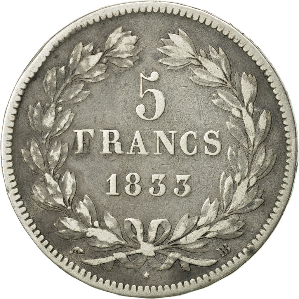 France, Louis-Philippe, 5 Francs, 1833, Strasbourg, F(12-15), Silver, KM:749.3