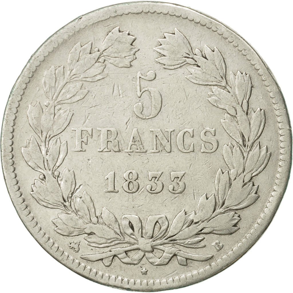 France, Louis-Philippe, 5 Francs, 1833, Rouen, TB, Argent, KM:749.2, Gadoury:678