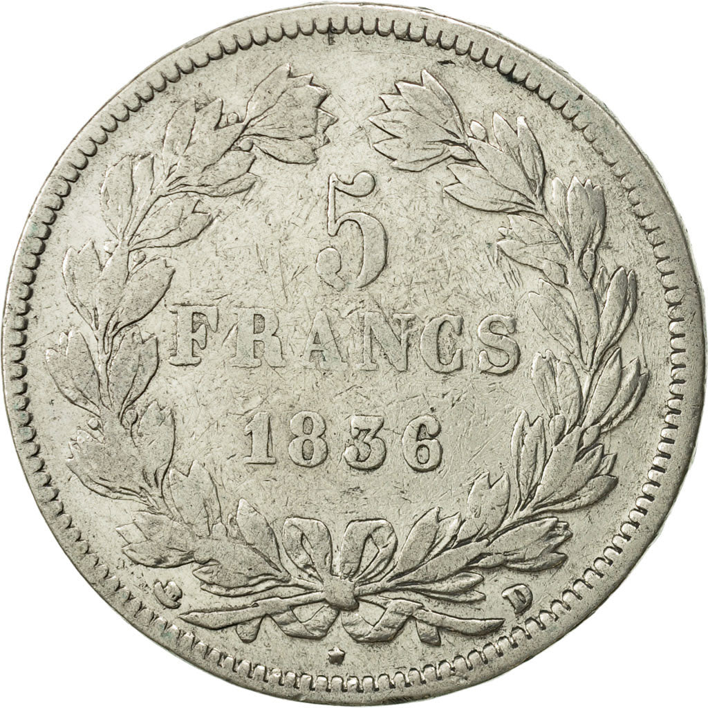 Moneta, Francia, Louis-Philippe, 5 Francs, 1836, Lyon, MB, Argento, KM:749.4